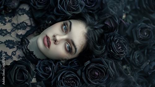 Serene Gothic Woman Resting on Bed of Black Roses