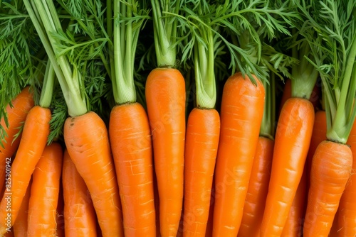 Vibrant, fresh carrots with lush green tops, displayed in a closeup top view