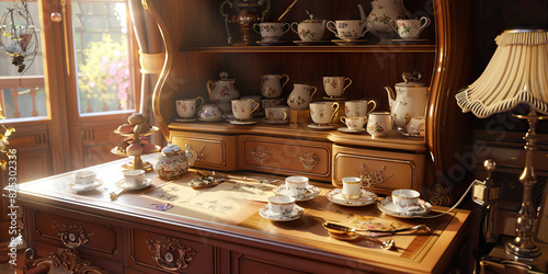 British Tea Party Hostess's Desk: A lovely desk in a cozy sitting room, with an array of delicate tea cups, saucers, and spoons