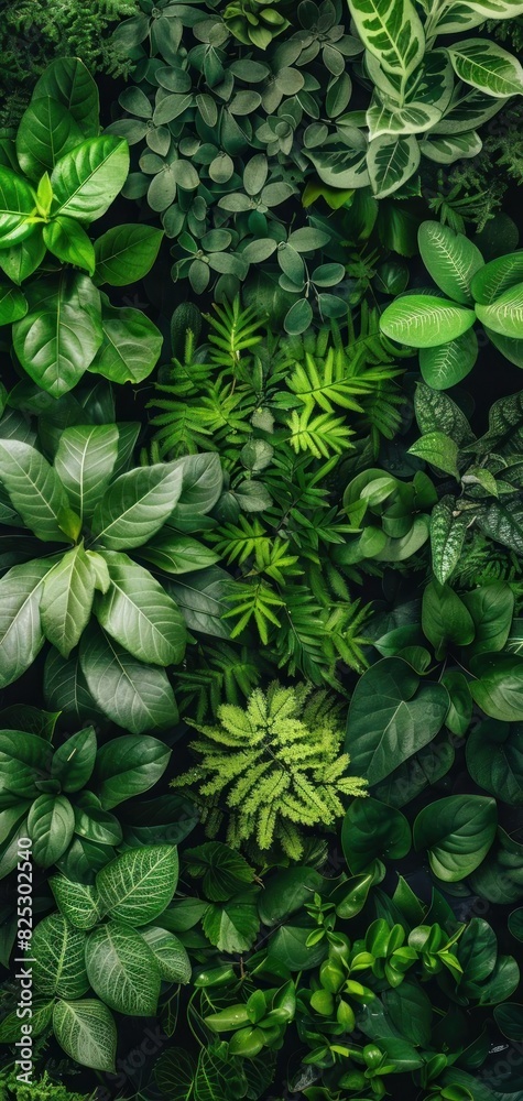 Vertical garden wall with lush green tropical foliage creating a vibrant and refreshing natural background of diverse leaf textures. Vertical garden wall with lush green tropical foliage creating a vibrant and refreshing natural background of diverse leaf textures.