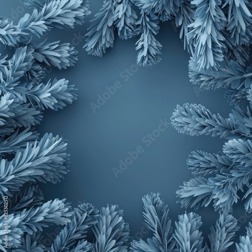 Close-up of frosty blue pine branches arranged in a circular pattern  creating a serene and festive winter scenery.