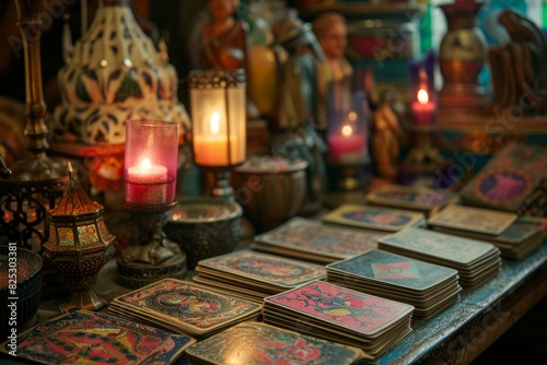 Magical ambiance with glowing candles and tarot cards spread on an antique table at a clairvoyant s booth