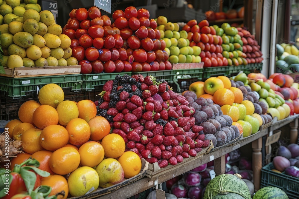 Colorful market produce, fresh fruits and vegetables, lively atmosphere