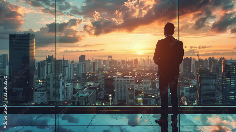 young businessman looking at city through window