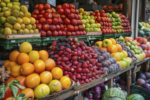 Colorful market produce, fresh fruits and vegetables, lively atmosphere