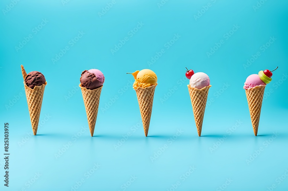 Ice cream scoop on waffle cone cutout, Many assorted different flavors on white background, mockup template for artwork and design projects Ice cream scoop on waffle cone cutout, Many assorted different flavors on white background, mockup template for artwork and design projects
