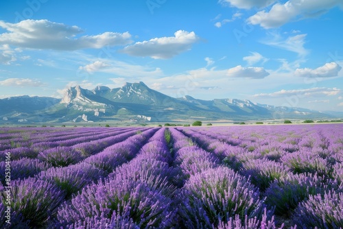 Serene Lavender Field Landscape with Mountain Views