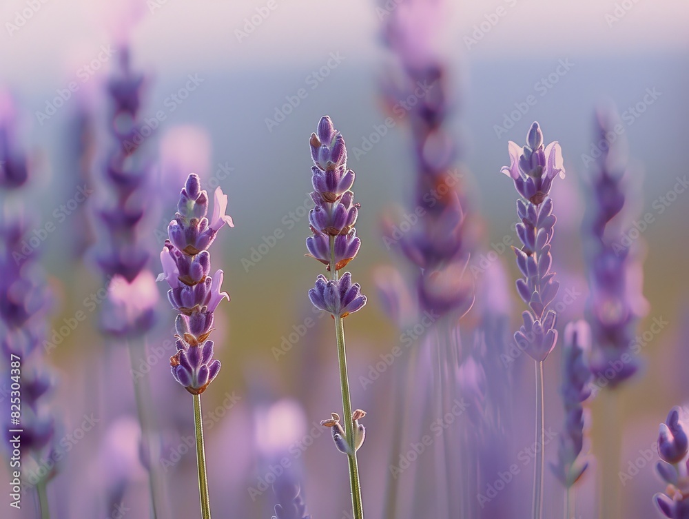 Tranquil Close-Up of Lavender Buds with Blurred Lavender Field Background Tranquil Close-Up of Lavender Buds with Blurred Lavender Field Background