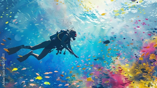 graceful female scuba diver swimming underwater amidst colorful marine life ocean exploration digital painting photo