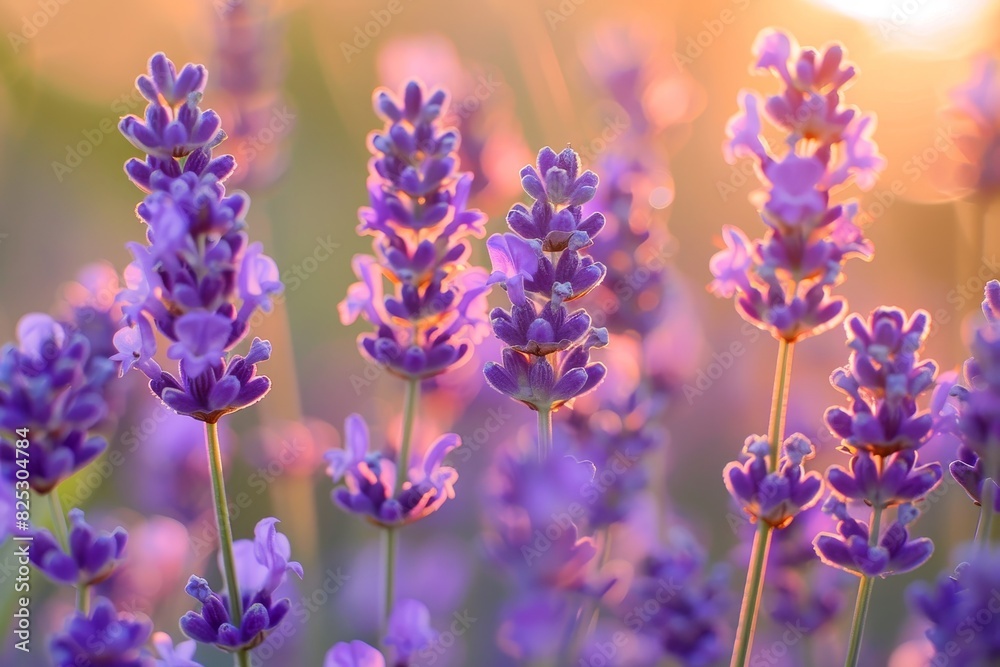 Tranquil Morning in a Lavender Field: Dawn's Golden Light on Blooming Flowers Tranquil Morning in a Lavender Field: Dawn's Golden Light on Blooming Flowers