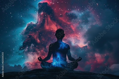 A person is meditating in the middle of a starry sky
