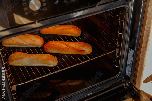 Freshly baked baguettes in oven