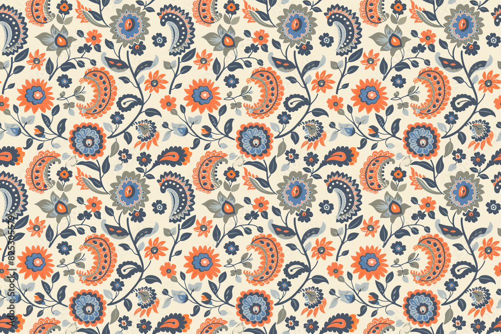 Fototapeta premium Folk floral seamless pattern with vibrant colors and intricate details, creating a traditional and decorative design, perfect for textile and craft backgrounds