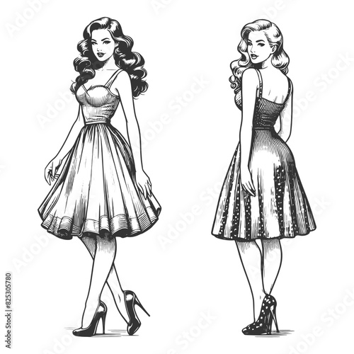 woman in retro fashion posing in three different stylish manners femininity sketch engraving generative ai fictional character vector illustration. Scratch board imitation. Black and white image.