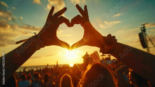 person making a heart with their hands at a music festival in high resolution