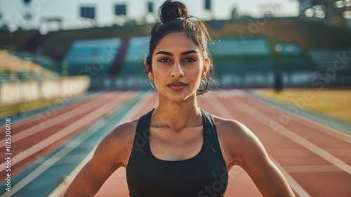 young indian athletic woman standing on running track