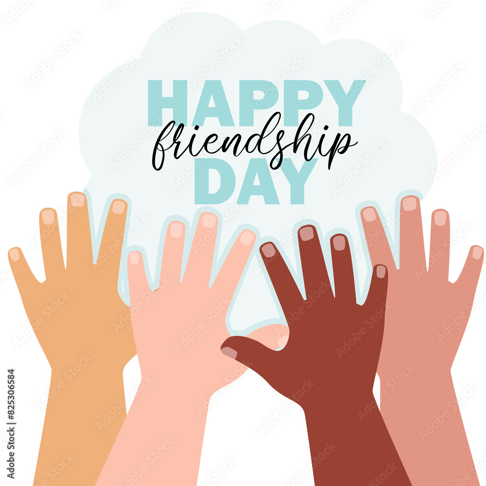 Children's hands of different skin colors and Happy Friendship Day lettering Children's hands of different skin colors and Happy Friendship Day lettering