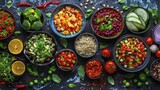 Plant-based recipes, colorful dishes and fresh ingredients, healthy and appetizing, natural light for a nutritious and vibrant meal.
