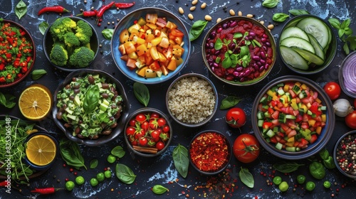 Plant-based recipes, colorful dishes and fresh ingredients, healthy and appetizing, natural light for a nutritious and vibrant meal. © Kanisorn