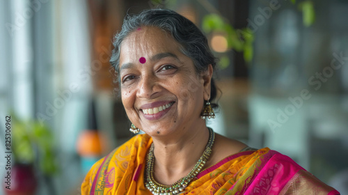 middle aged indian woman smiling