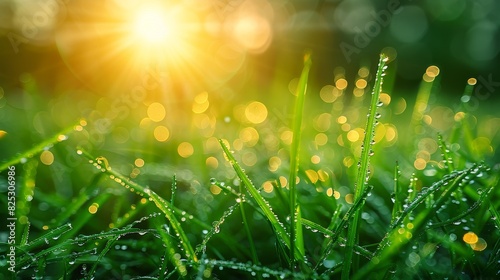 Serene Morning Dewdrops on Green Grass Background