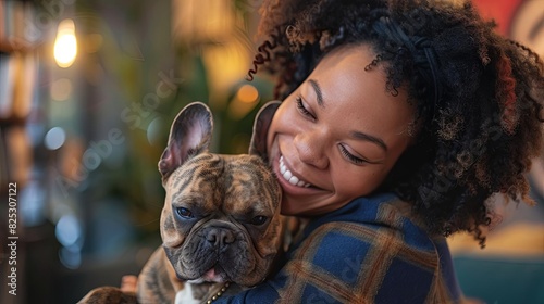 happy african american woman cuddling french bulldog in office positive company culture with office pet photo