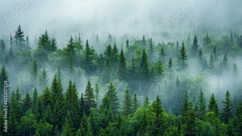 Enchanting Misty Pine Forest  Serene Landscape of Tall Trees in Foggy Ambiance