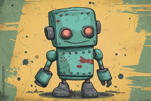 Illustration of a colorful, retro robot with a grungestyle backdrop photo