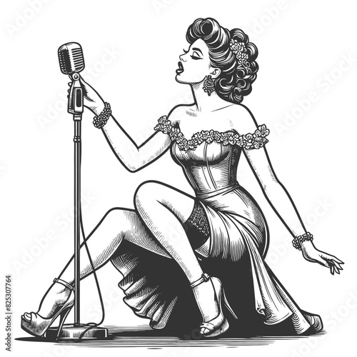 Pin up woman glamour singer performing with a microphone sketch engraving generative ai fictional character vector illustration. Scratch board imitation. Black and white image.