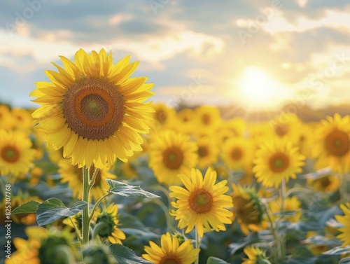 Sunflower field  vibrant yellow blooms and clear skies  cheerful and picturesque  under the bright daylight of summer.