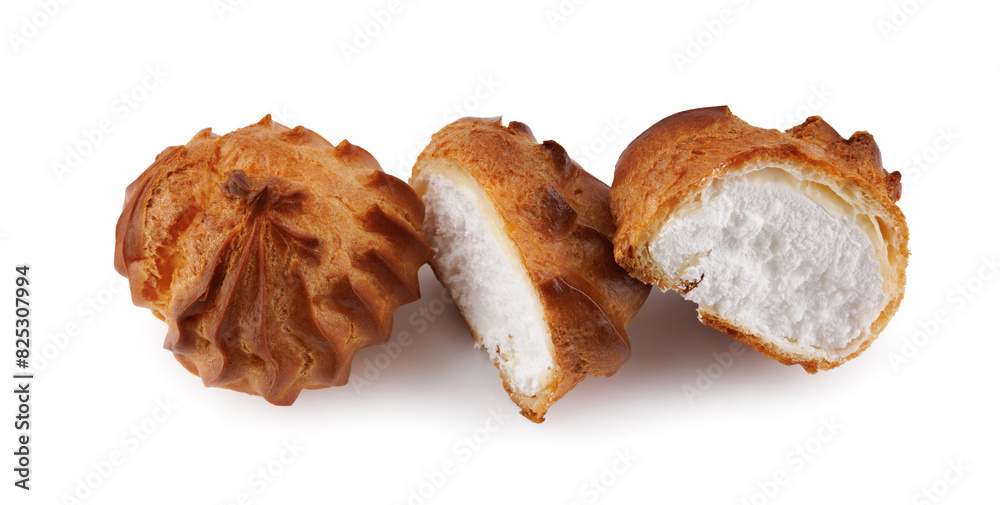 Cut in half and whole porophytole with white cream isolated on a white background. Eclair with cream. Cut in half and whole porophytole with white cream isolated on a white background. Eclair with cream.
