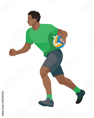 African professional volleyball player in profile in a green T-shirt running with a ball in one hand