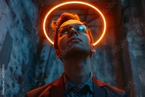 Narcissism concept, a confident young male narcissist wearing a suit with a neon halo over his head, photo