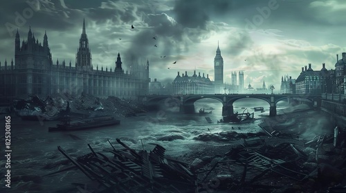 haunting postapocalyptic london skyline with destroyed landmarks and eerie atmosphere photo