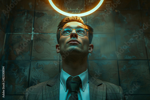 Narcissism concept, a confident young male narcissist wearing a suit with a neon halo over his head, photo