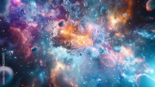 A scene of a particle swarm  with a background of particles of matter and energy