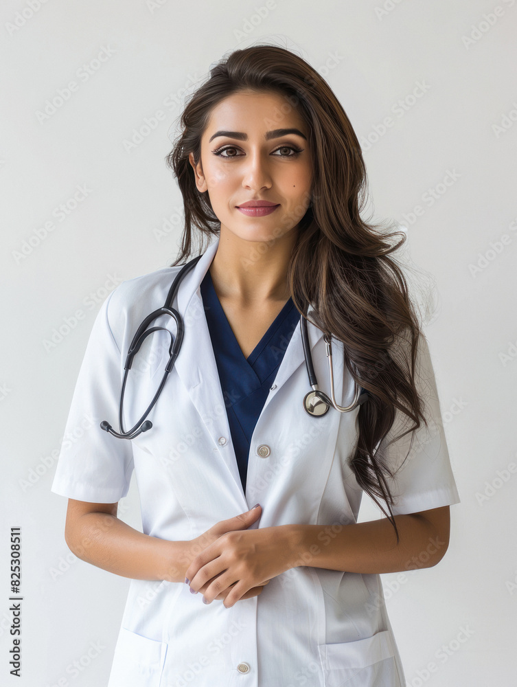 Young Indian female doctor standing confidently on white background Young Indian female doctor standing confidently on white background