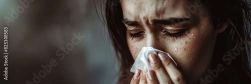 A woman is using a tissue to blow her nose, her face showing expressions of discomfort and distress photo