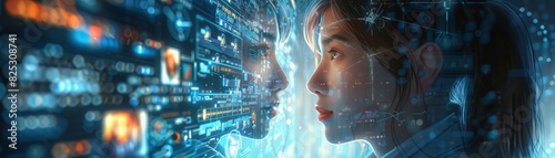 A futuristic concept showcasing a woman's profile interacting with digital data streams and holograms in a technological environment.