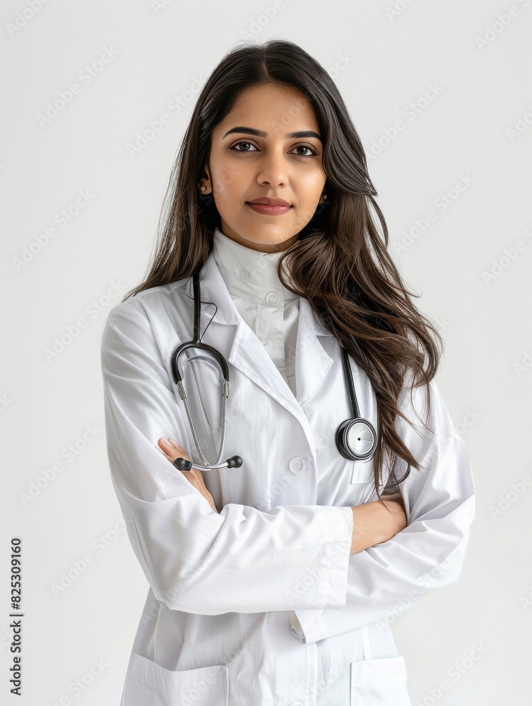 Young Indian female doctor standing confidently on white background Young Indian female doctor standing confidently on white background