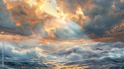 heavenly sunbeams breaking through dramatic storm clouds over turbulent ocean ai generated artwork