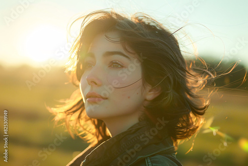 Lifestyle portrait photo of a young independent woman, sunset light, golden hour © Dennis
