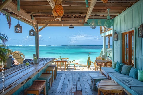 A hidden gem beach bar  carefully planned with rustic charm and ocean views  Coastal  Realistic  Soft pastels and vibrant blues
