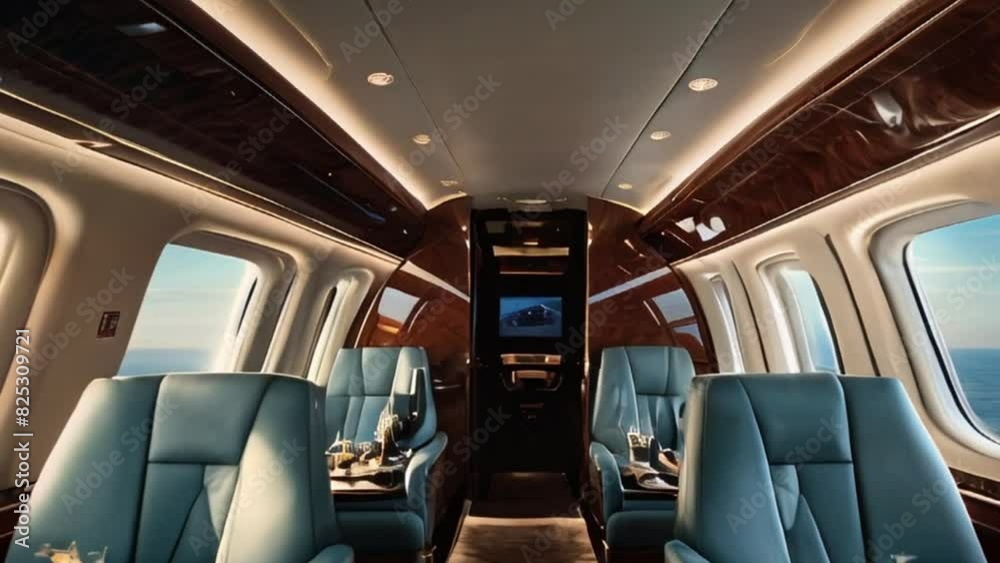 Luxurious Private Jet Cabin with Plush Seating and Ocean Views Luxurious Private Jet Cabin with Plush Seating and Ocean Views