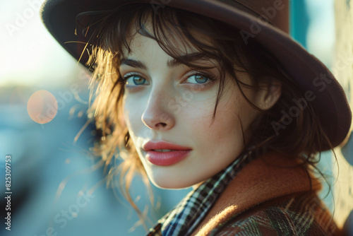 Lifestyle portrait photo of a young independent woman, sunset light, golden hour