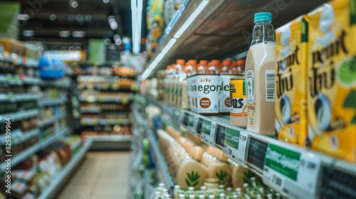 Milk bottles on a supermarket shelf for a healthy and eco-friendly lifestyle
