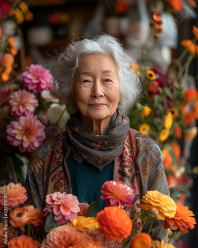 older asian woman sell flowers in her shop. small businesses concept. heading back to work, reentering the workforce, financial stability style. photo