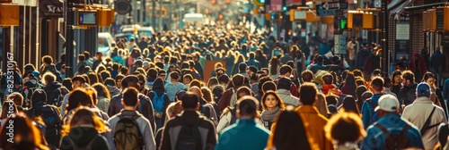 A diverse group of people walking down a crowded city street, each person dressed in unique clothing styles and accessories