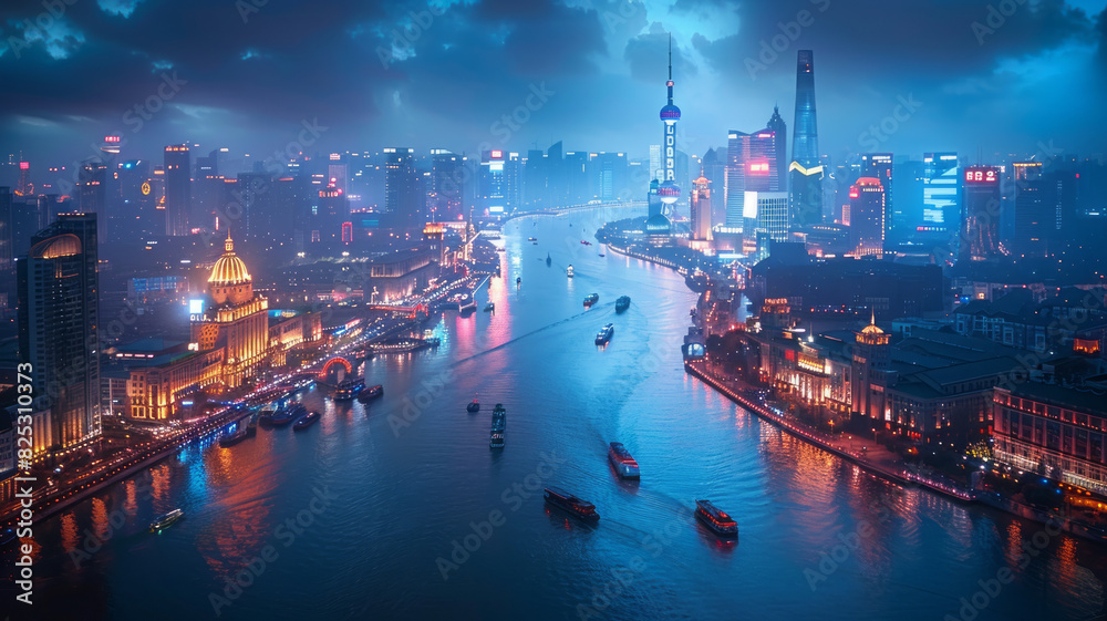 Oriental Pearl, Bund, Shanghai, Cyberpunk, information flow, technological lines, night, overlooking Angle, vista,generative ai Oriental Pearl, Bund, Shanghai, Cyberpunk, information flow, technological lines, night, overlooking Angle, vista,generative ai