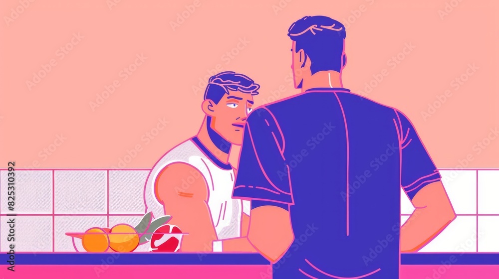 Animated illustration of two men standing in a kitchen, one in a white tank top with fruits and a basketball on a counter. Animated illustration of two men standing in a kitchen, one in a white tank top with fruits and a basketball on a counter.